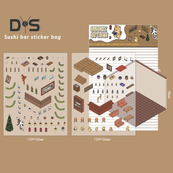 4 Sets DIY 3D House Stickers with Tweezer Make Your Own Mini Room Scene Supermarket Coffee Shop Restaurant Bookstore Scene Stickers Adult Kids Stress