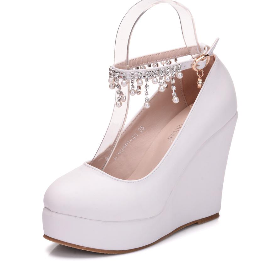 Белые туфли-лодочки на танкетке, свадебные туфли-лодочки, милые белые туфли-лодочки с кружевом и жемчугом, на платформе, классические туфли для невесты на высоком каблуке