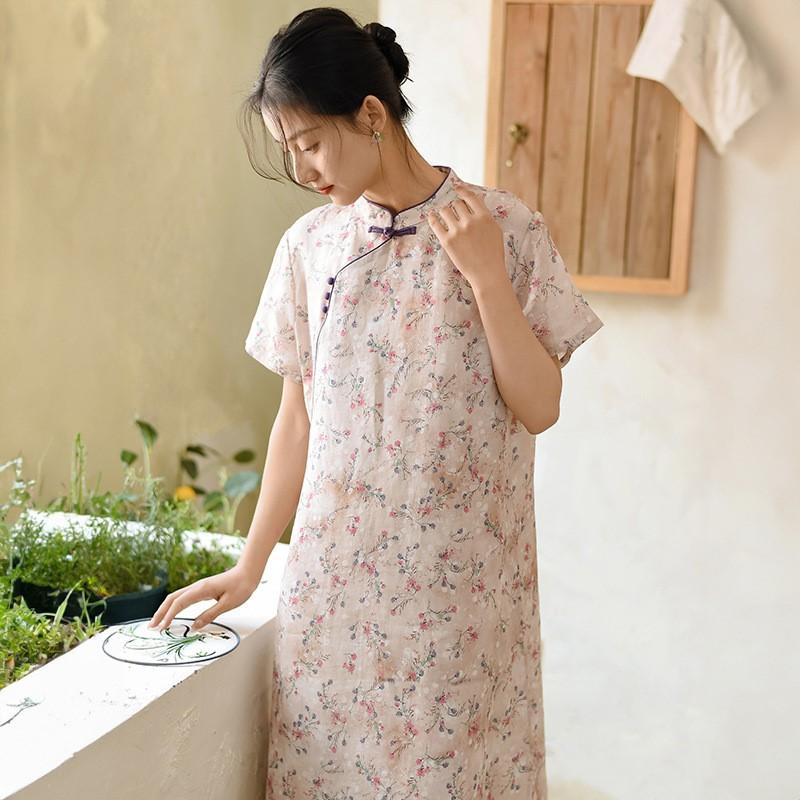 Johnature Женское винтажное платье с цветочным принтом и пуговицей на стойке с коротким рукавом, летнее платье в китайском стиле
