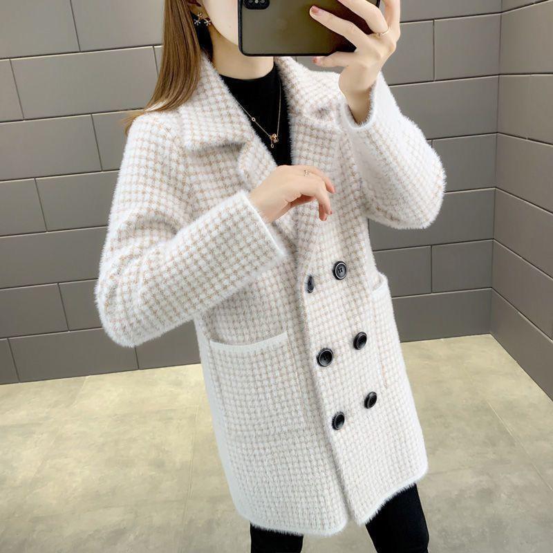 Autumn and Winter New Mink Fleece Plaid Coat Women's Mid Length Versatile Slim Sweater Thickened Imitation Mink Fleece Coat