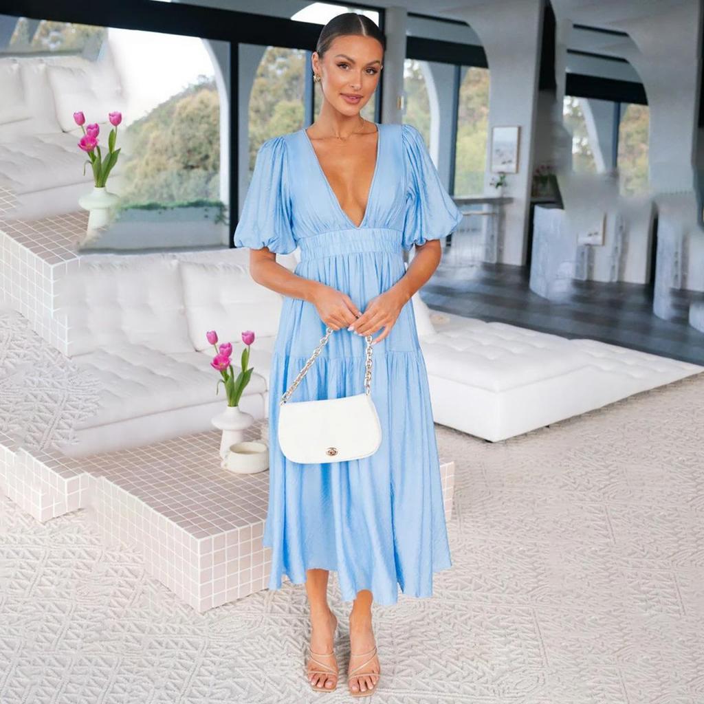 Women Spring Solid Color Short Puff Sleeve Dress Summer Casual V-Neck High Waist Ankle-Length Dresses S-XL