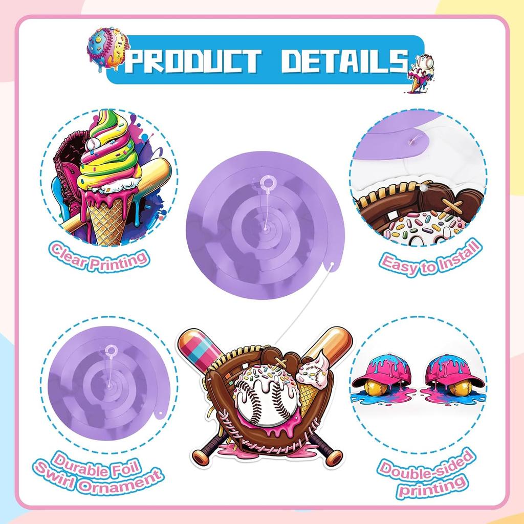 60Pcs Ice Cream Drip Baseball Hanging Swirls Sport Themed Birthday Party Decorations Baseball Ice Cream Theme Ceiling Streamers Hanging Decorations
