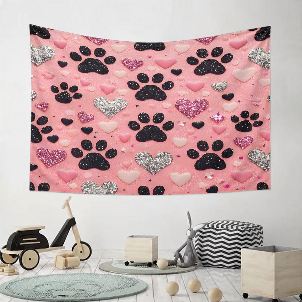 Pink Glitter Hearts and Paw Print Pattern Pattern Wall Hanging Tapestry Decorative Tapestry Home Decor for Bedroom and Living Room