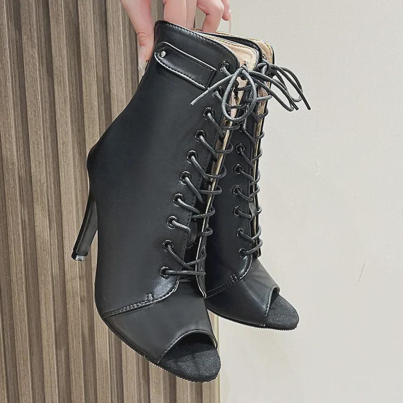 Женские босоножки на шпильках с завязками и вырезом «рыбий рот» большого размера: Весна/лето Высокий каблук полые короткие джазовые танцевальные сапоги (Размеры 35-43).