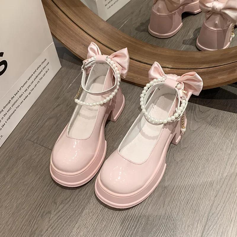 Модные весенне-летние туфли на высоком каблуке, юбки Лолиты с бантами и жемчужными пряжками, Мэри Джейн, женская обувь для банкета, повседневная для женщин 2025