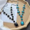Длинное бирюзовое ожерелье в стиле ретро, ​​женское индивидуальное ожерелье с преувеличенным темпераментом, свитер, цепочка в этническом стиле, универсальное ожерелье с подвеской