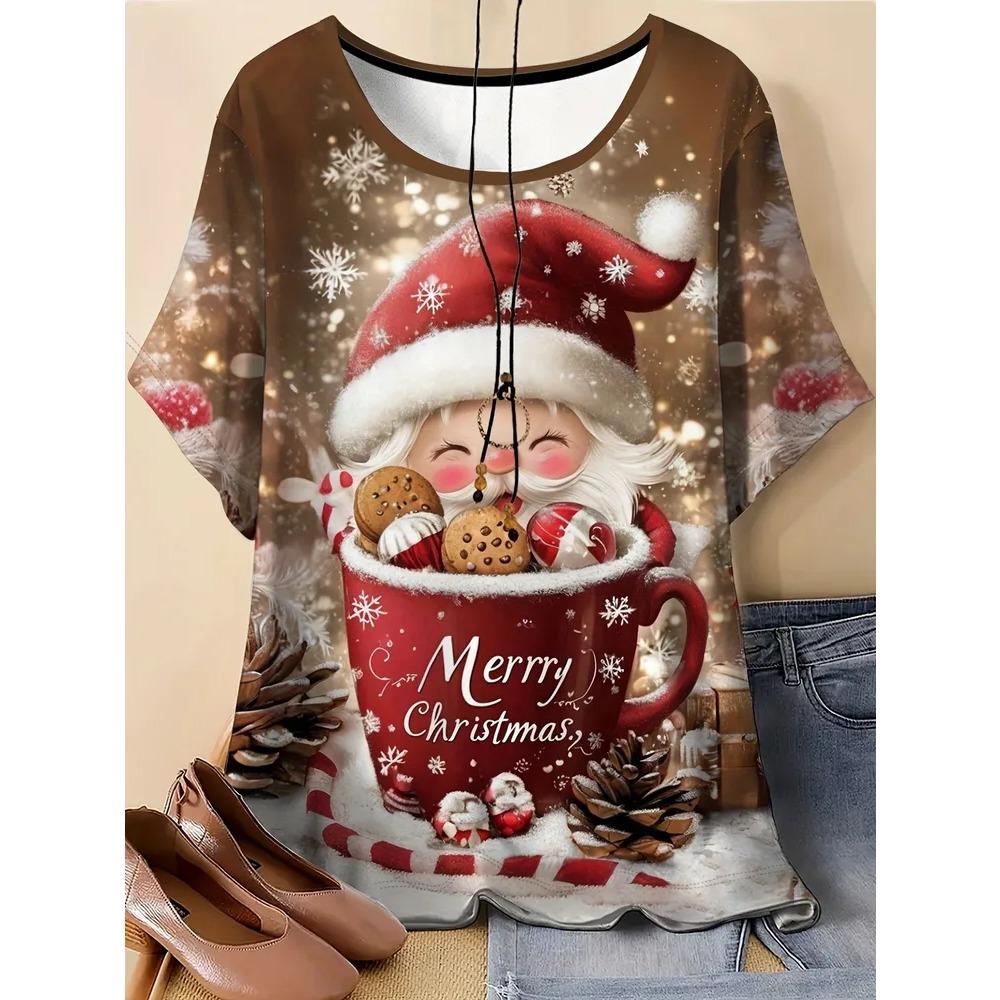 Summer Large Loose Christmas Santa Claus 3D Printed Women's T-shirt Fashionable Casual Comfortable Breathable Short Sleeved Round Neck T-shirt