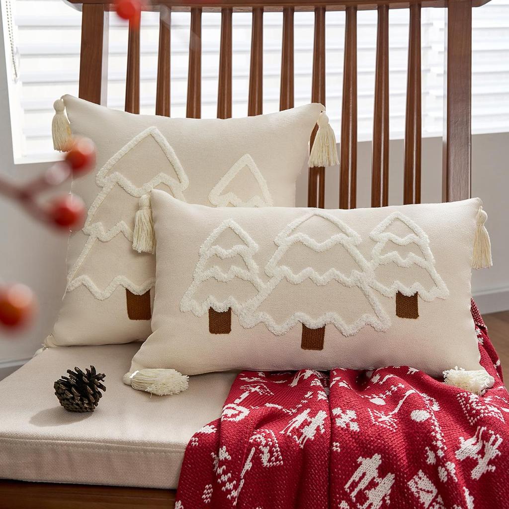 Cross-Border Christmas Tree Embroidered Canvas Pillowcases with Tassels for Sofa Decoration