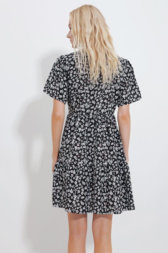 Женское платье, новый сезон, модная синяя юбка с v-образным вырезом и цветочным узором, тканое платье с воланами