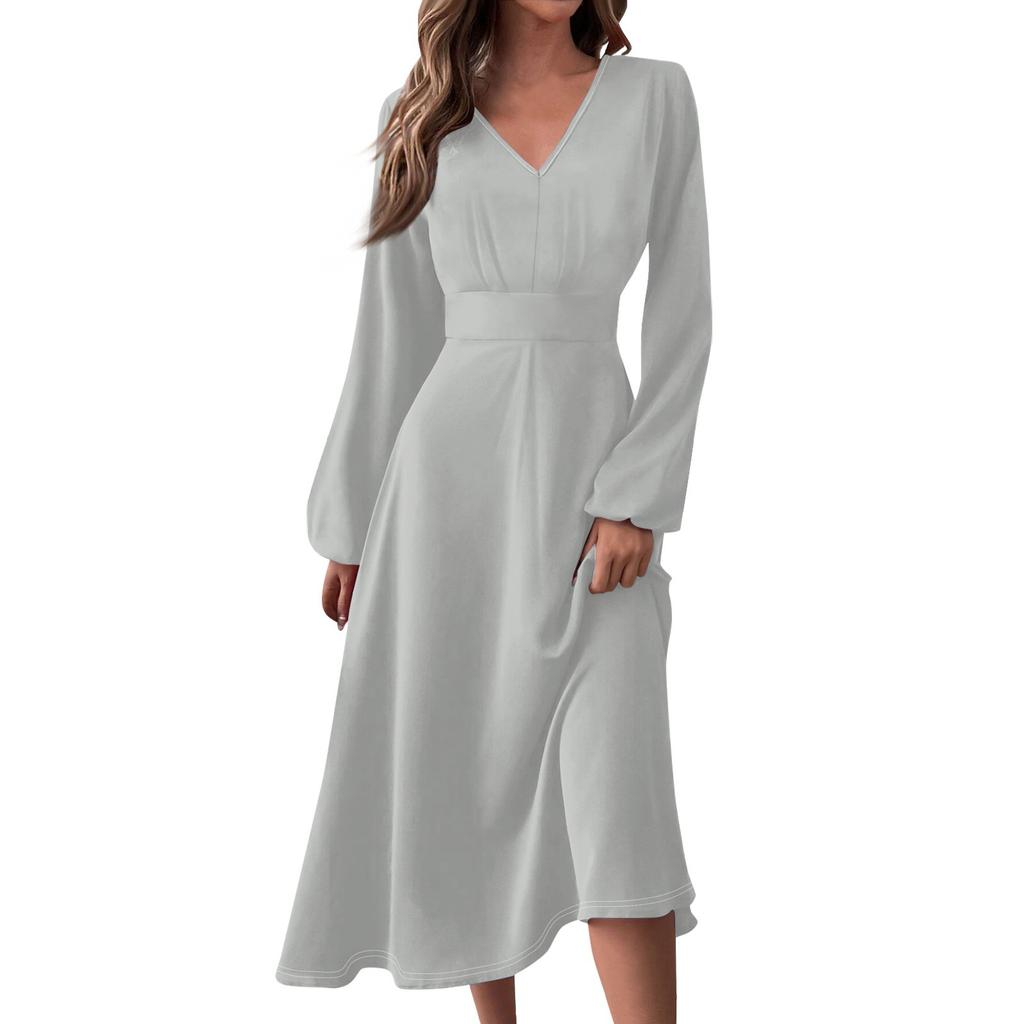 Women's  And Winter Casual Fashion V-neck Long Sleeve Solid Color Long Dress