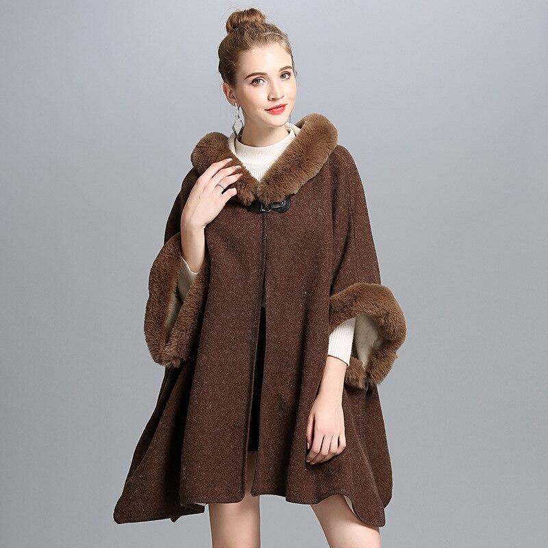 9 Colors Black Winter Warm Fashion Horn Buckle Poncho Capes Women Imitation Rabbit Fur Batwing Sleeves Loose Long Coat With Hat
