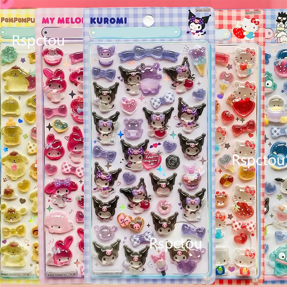 Kawaii Sanrio Cartoon Relief Stickers Cinnamoroll Kuromi Pompom Purin Melody Jelly Crystal Sticker Cute Decoration Decals Gifts