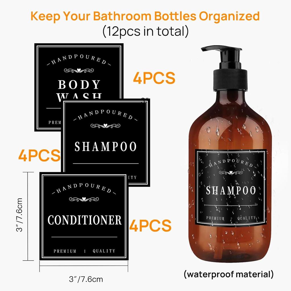 12PCS Bathroom Labels for Soap Dispenser, Removable Bathroom Organization Labels, Waterproof Bottle Labels for Shampoo Conditioner Body Wash (Black)