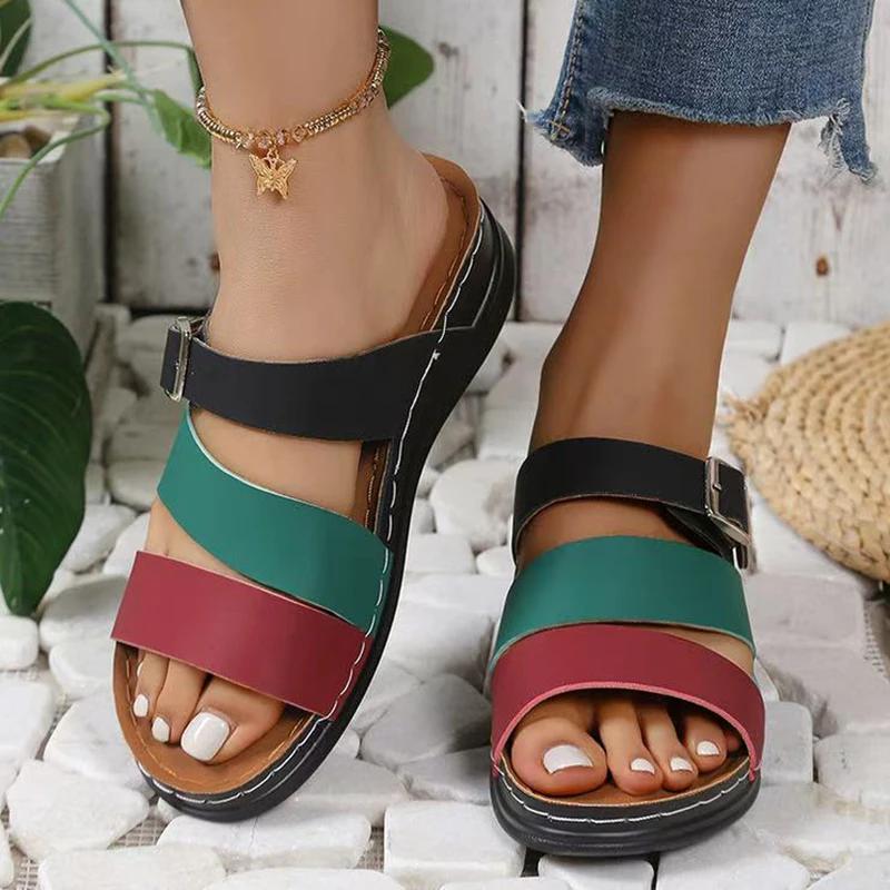 Fashion Mix Color PU Leather Wedge Sandals for Women 2025 Summer Comfort Non Slip Beach Slides Woman Fashion Buckle Platform Slippers 43
