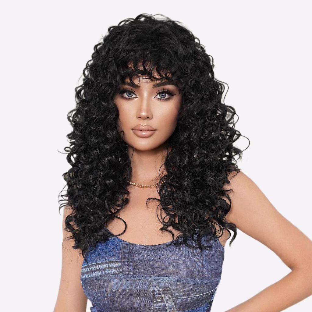 TikTok Kinky Curly Wig с челкой - иссиня-черные афро-текстурированные синтетические волосы, термостойкие кудри 3C-4A, естественный вид, защитный стиль парика