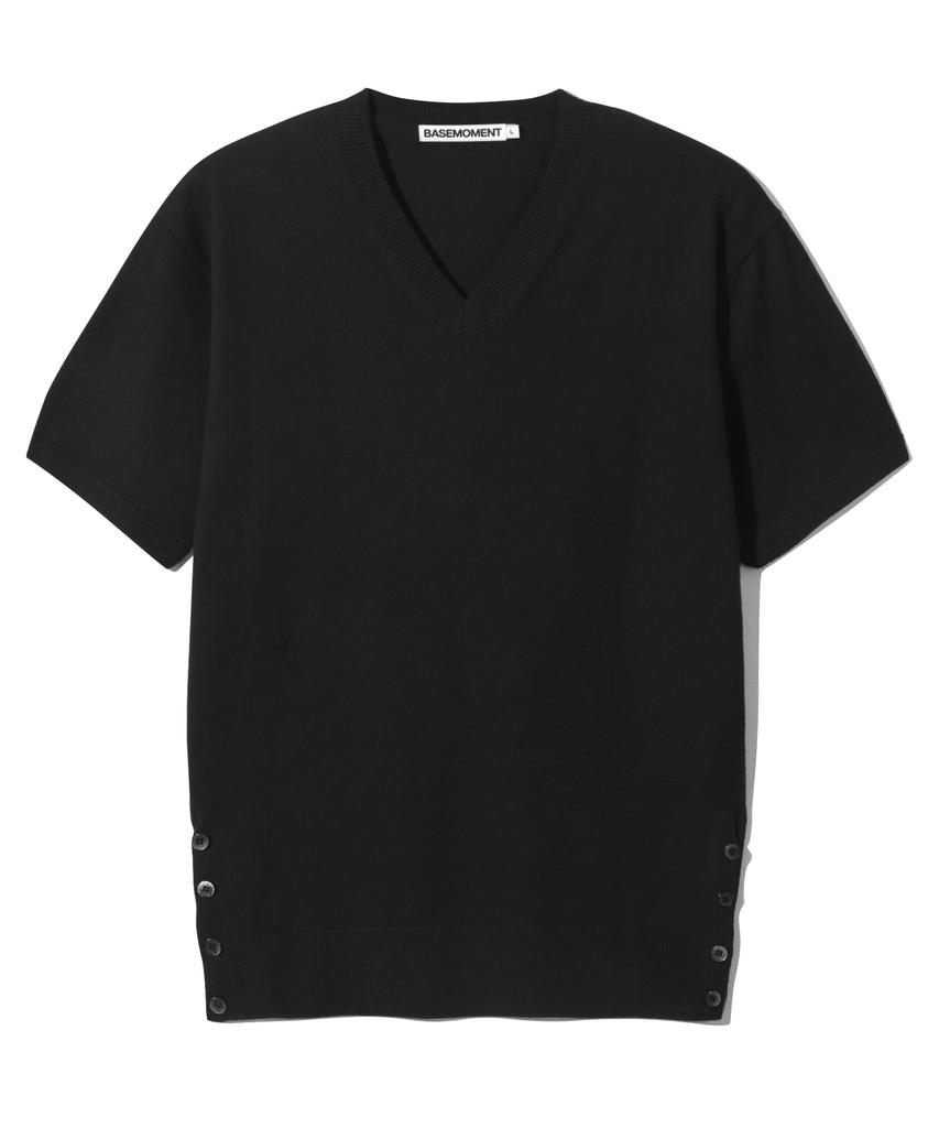 BASEMOMENT Side Slit V-Neck Half Knit Black