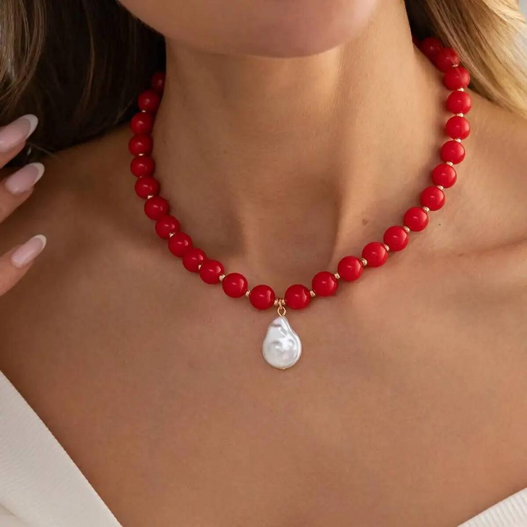 Salircon Fashion Y2K Boho Round Acrylic Colorful Beaded Choker Necklace Women Baroque Irregular Imitation Pearl Pendant Jewelry