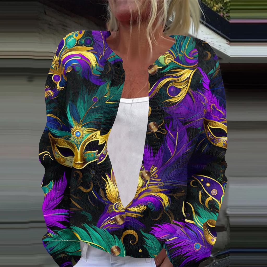 Женская модная принтованная куртка с длинным рукавом и вязанным кардиганом на пуговицах