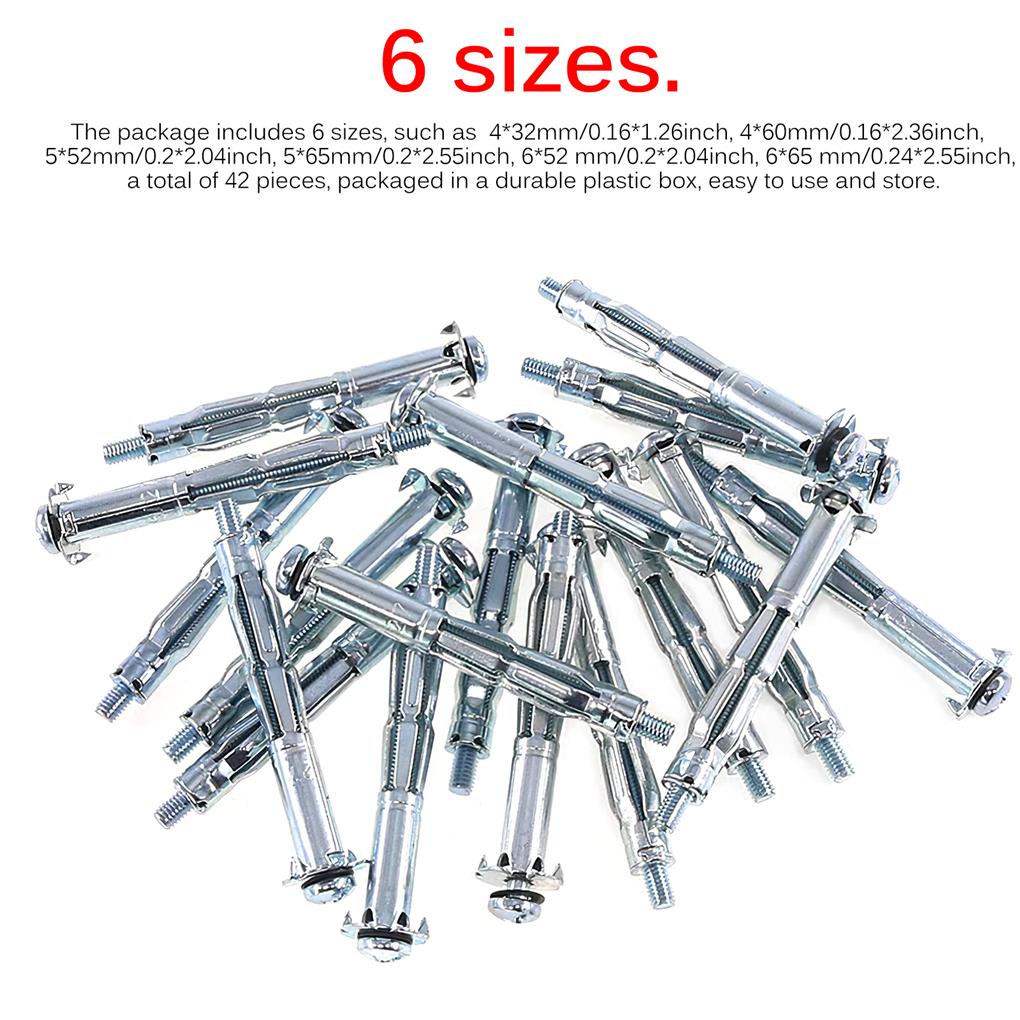 42 Pieces Expansion Screw Bolts with 6 Size Hollow Drive Wall Anchor Screws Assortment Kit Home Improvement Drywall Lamp