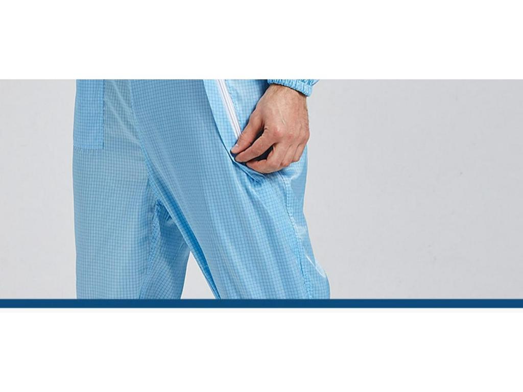 Class 100 Antistatic Cleanroom Suit with Diagonal Zipper, White/Blue