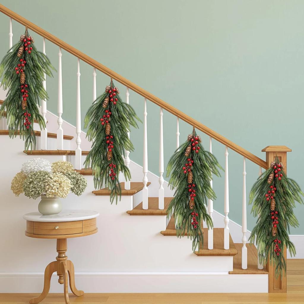 2 Pcs Artificial Christmas Teardrop Swag With Berries And Pinecones, Faux Berry Branch Teardrop Door Swag,