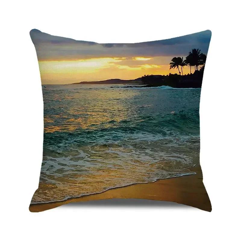 45x45 cm Blue Ocean Style Square Cushion Cover Beach Coconut Grove Sunset Scenery Print Pillowcase Home Decor Pillow Cover