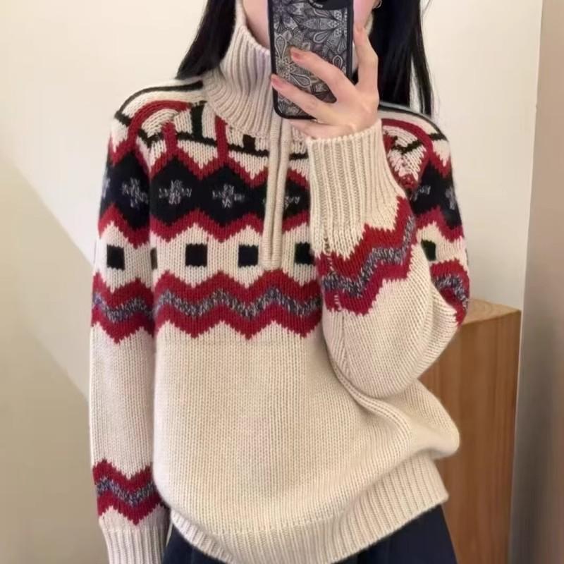 Retro Fair Isle Wool Cashmere Half-Zip Sweater - High Neck, Thickened Knit, Red Women's Christmas Top
