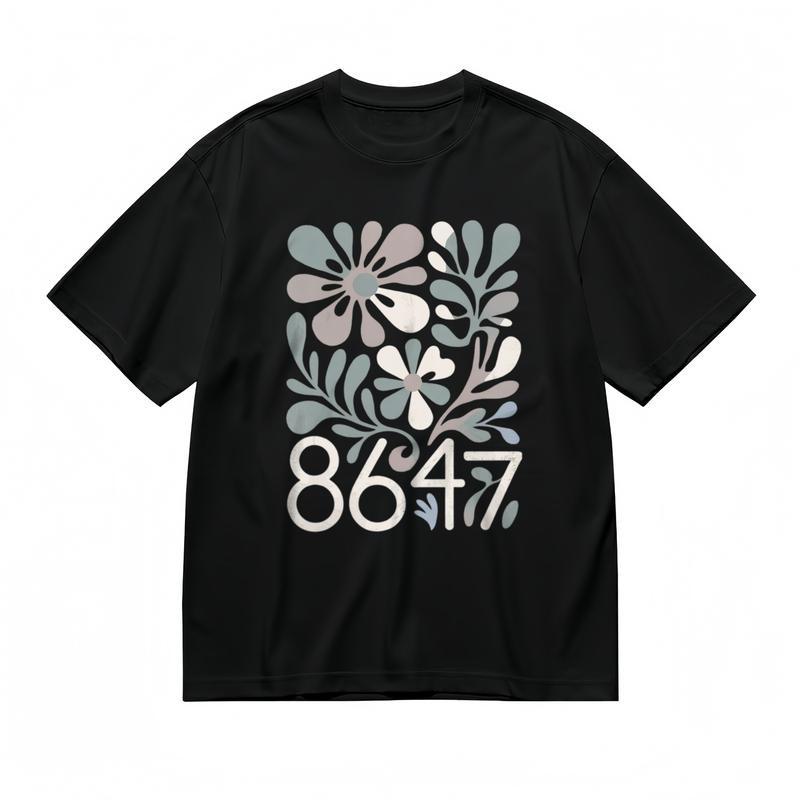 Women's Fashion Classic T-Shirt Watercolor Flowers and Retro Digit Design Tee