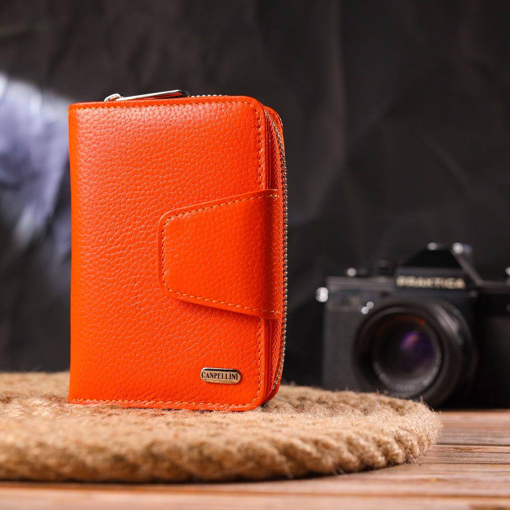 Яркое вертикальное женскон портмоне с монетницей на молнии из натуральной кожи флотар CANPELLINI Wallet 21602 Оранжевое