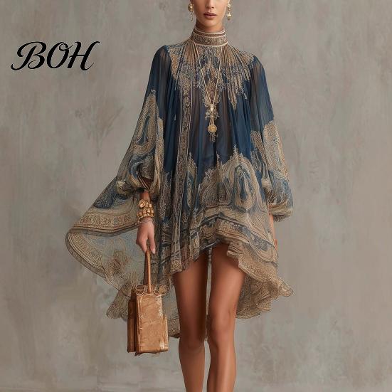 Smocked Neckline Dress Boho Floral Print High Neck Irregular Chiffon Mini for Women, Short Front Long Back Sleeve Flowy Party Cocktail Dress,