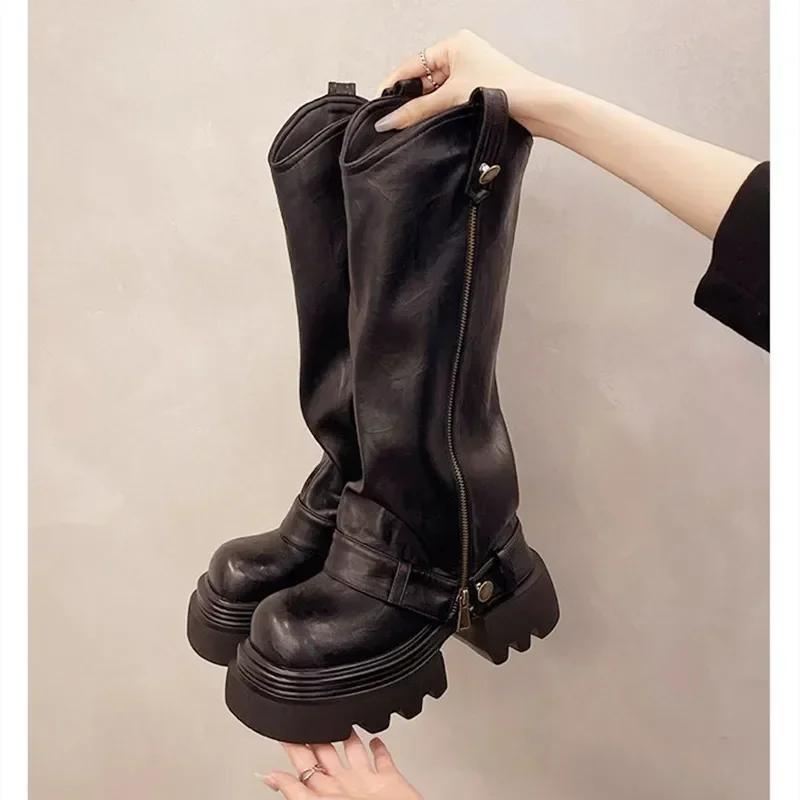 Fashion New Chunky Platform Boots Women 2025 Winter Warm Non-slip Thick Bottom Long Boots for Women Rivet Zip Punk Design Knight Boots