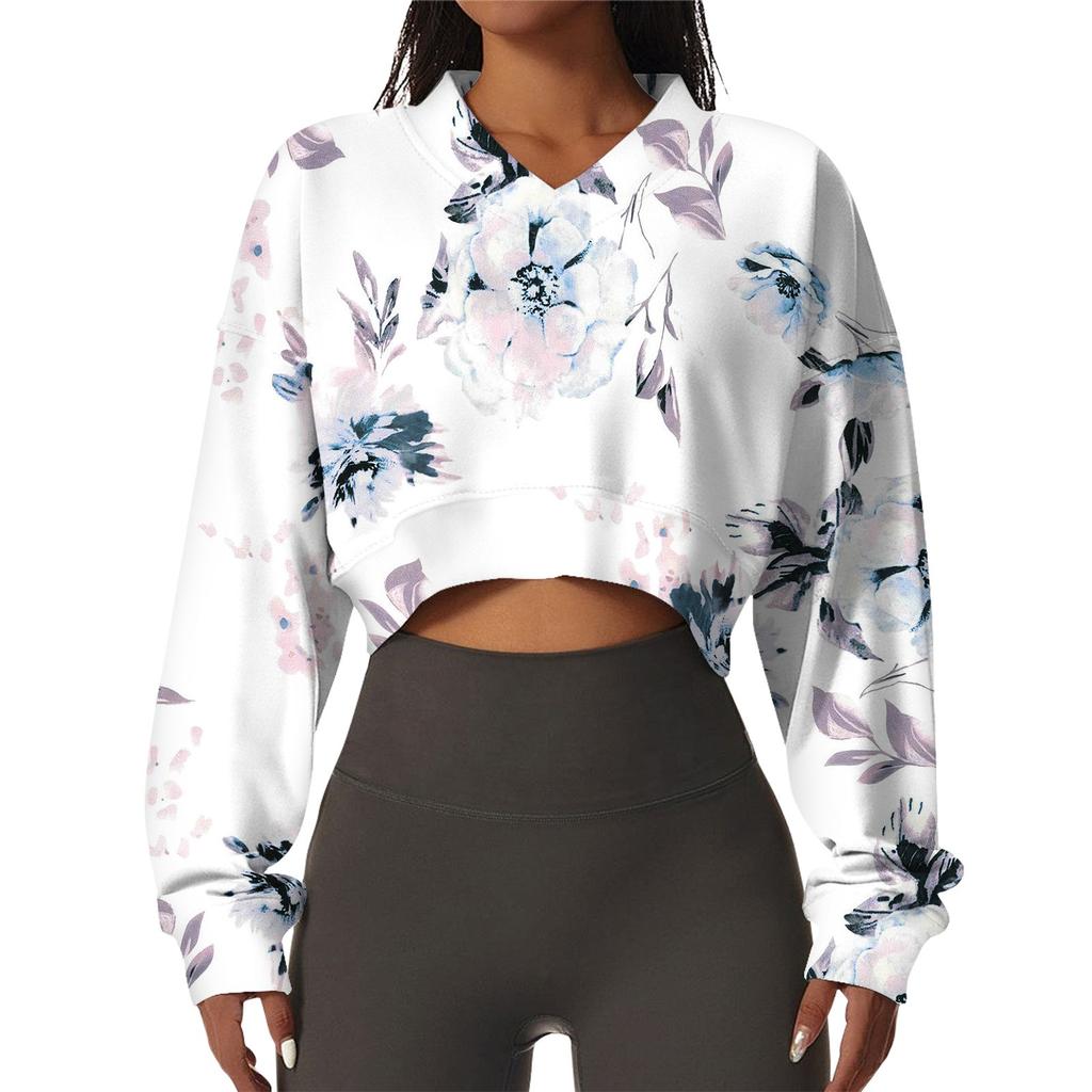 Женская повседневная модная сексуальная удобная спортивная толстовка с V-образным вырезом и длинным рукавом с цветочным принтом
