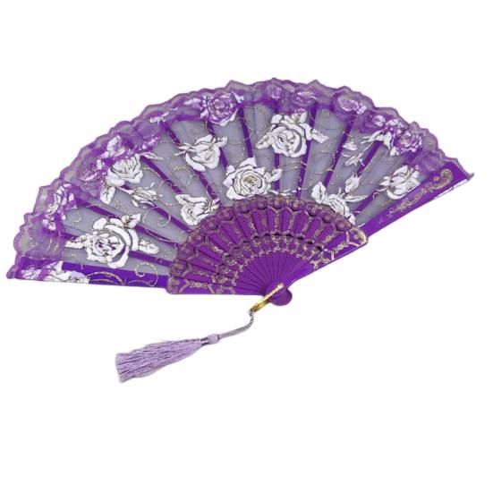 Rose Lace Folding Fan with Tassel Vintage Wedding Dance Performance Photo Props Portable Summer Hand Held Fan Party Supplies Gift