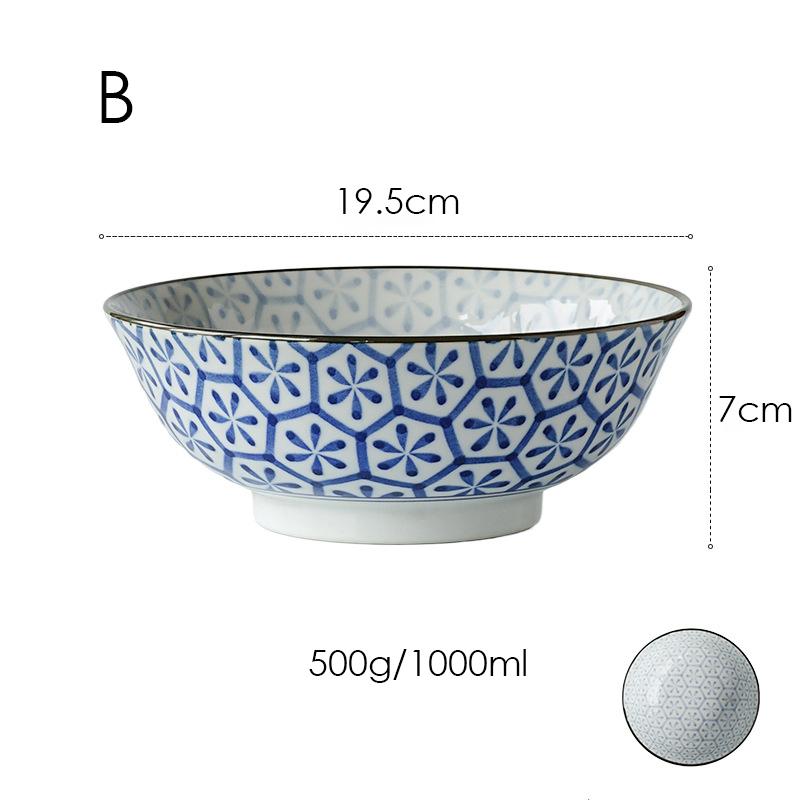 7,68-дюймовая синяя керамическая миска для лапши рамен, большая миска для смешивания супа и салата, цветочный дизайн, подходит для микроволновой печи, 1000 мл