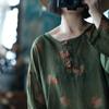 Johnature Женские винтажные футболки с цветочным принтом, с круглым вырезом и длинным рукавом, свободные осенние женские футболки с пуговицами
