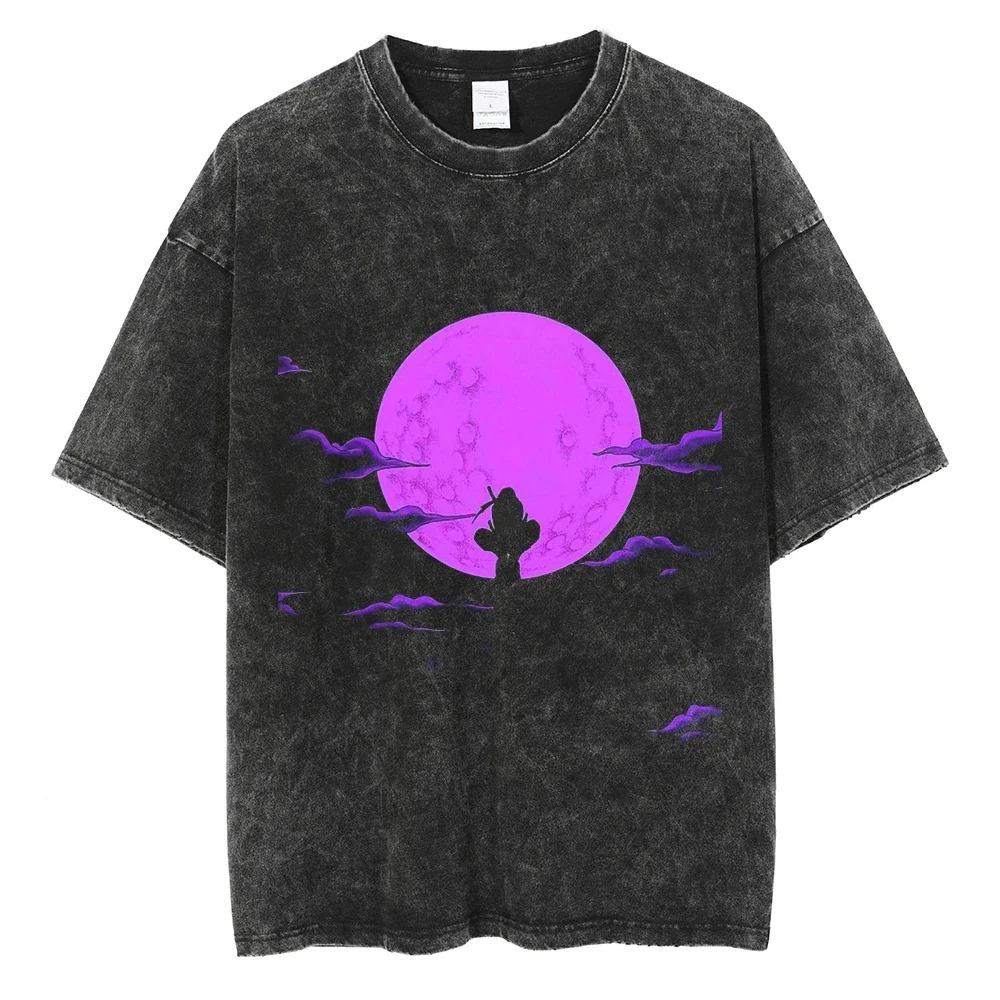 Летняя футболка с коротким рукавом из хлопка для мужчин и женщин Streetwear Винтажная черная стираная футболка Harajuku Аниме Наруто Принт Футболка Свободные Топы Футболки