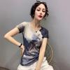 Юго-Восточная Азия Европа 2025 Лето Женский Приталенный Топ с Коротким Рукавом и Принтом
