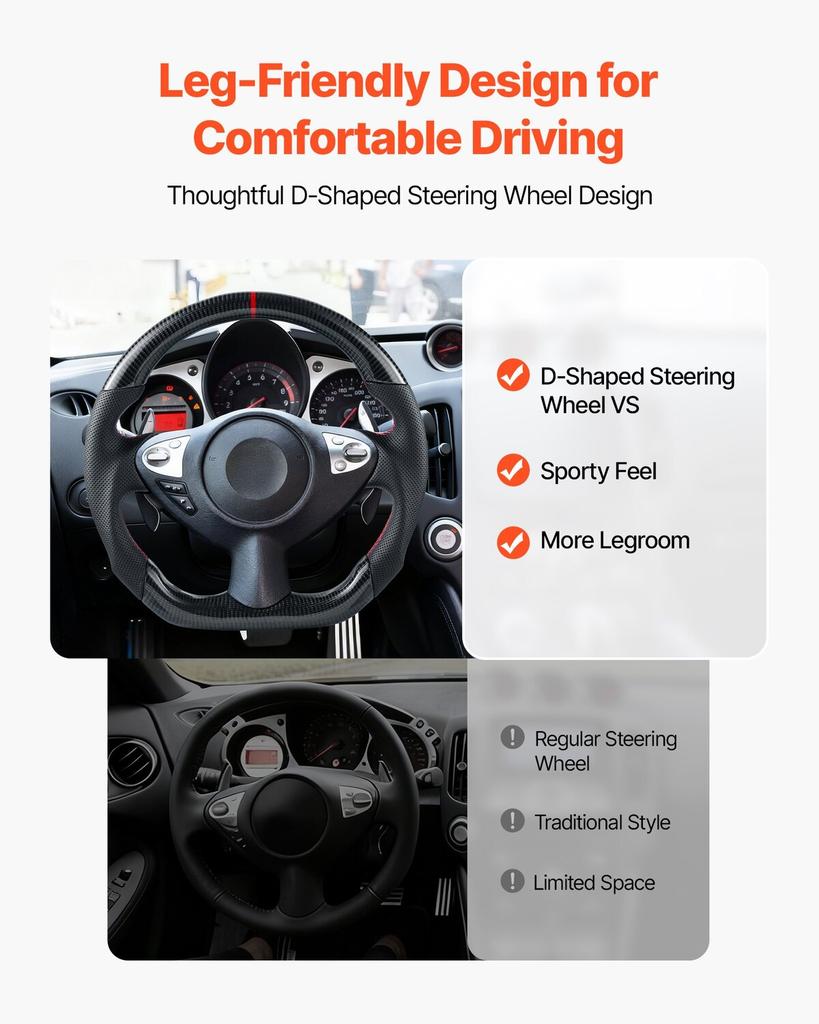 Steering Wheel for 2008-2020 Nissan 370Z, Carbon Fiber Steering Wheel D-Shaped Flat-Bottom, Leather Grip with Non-Slip Texture & Precise Stitching,