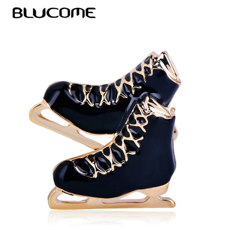 Blucome Fashion Black Roller Skates Brooch Pin Sleigh Shoes Shape Brooches Enamel Gold Color Jewelry For Boys Girls Accessories