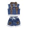 1-6 Years Baby Girls Denim Casual Outfit Sets Sleeveless Leopard Print Denim Top + Leopard Print Denim Shorts Suits Girls