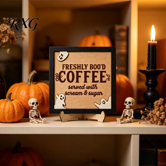 Holiday Atmosphere Home Decor Halloween Wooden Coffee Photo Frame, Retro Distressed Sign for Witch Themed Kitchen Countertop Decor, Rustic Autumn
