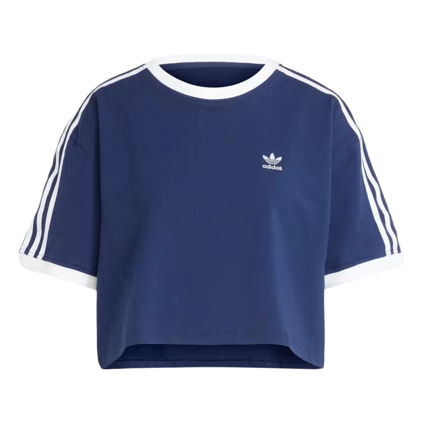 adidas Adicolor Футболка с тремя полосками, удобная, дышащая, свободного кроя, в полоску, с коротким рукавом и спущенным плечом, женские топы, цвет ночной индиго JC8151