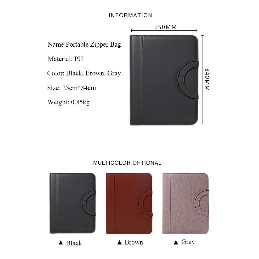 PU leather A4 zipper calculator binder conference file pad folder briefcase tablet portable circular handle file bag