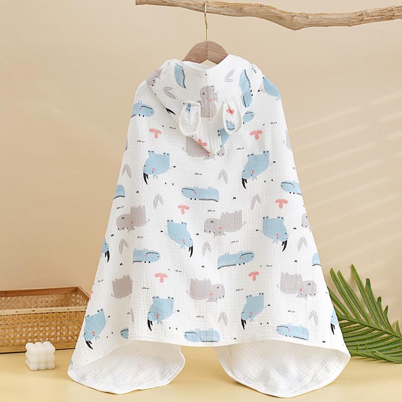 Spring Summer Baby Hooded Cloak Bath Towel Four Layers Crepe Children Hooded Gauze Wear Cotton Cloak