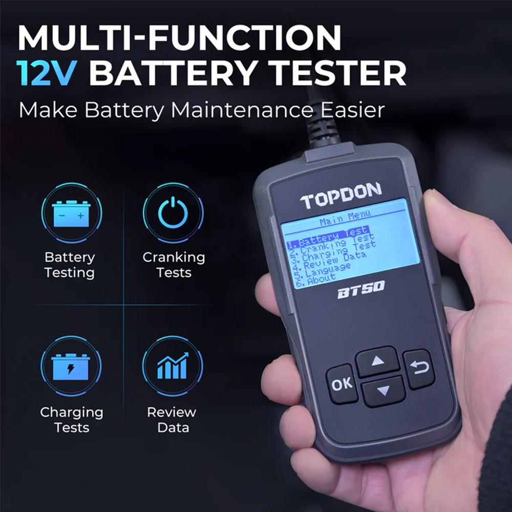 TOPDON BT30 BT50 12V Car Battery Tester Digital Automotive Diagnostic Analyzer Vehicle Cranking Charging Scanner Too