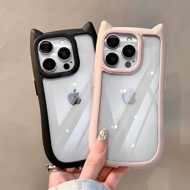 Милый прозрачный чехол с кошачьими ушками для iPhone 16 12 13 14 15 Pro Max 11, противоударная жесткая акриловая задняя крышка, мягкий силиконовый кавайный чехол
