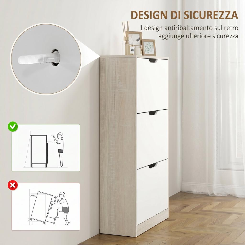 Slim Space-Saving Shoe Rack, 3 Drawers, 18 Pairs, 62.5x26x117.5cm, Wood & White