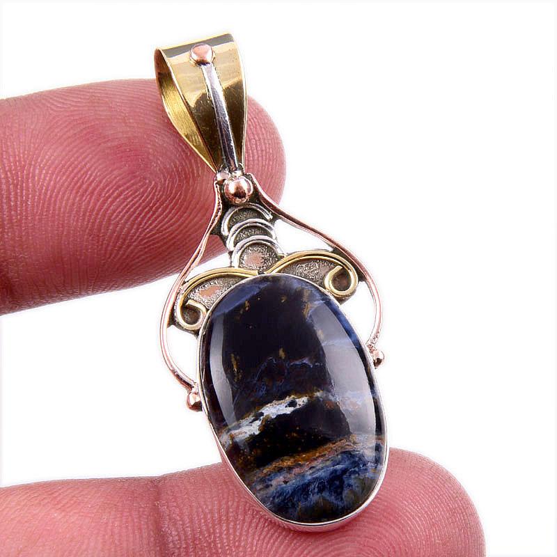Natural Pietersite Gemstone 925 Solid Sterling Silver TwoTone Pendant 1.75" b6H85