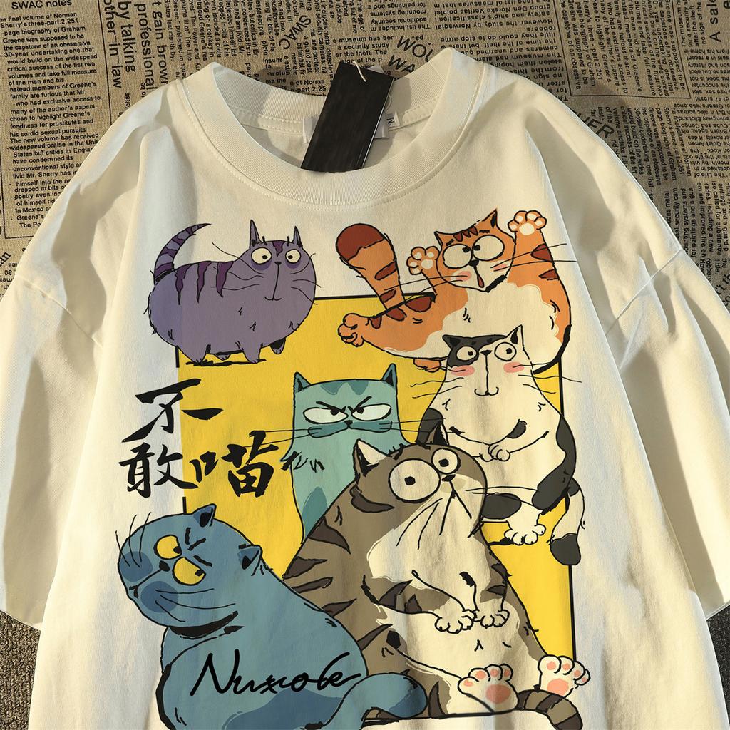 Футболка из чистого хлопка Летняя забавная футболка с принтом мультяшного кота Женская одежда Harajuku повседневная футболка большого размера черная белая Y2k Топы УНИСЕКС уличная одежда