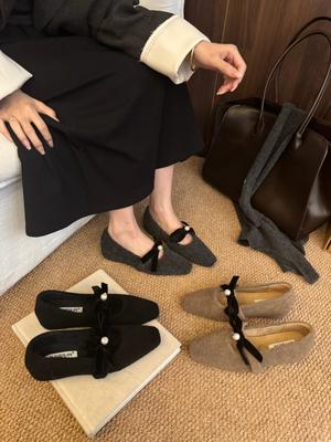 2025 зима новые корейская версия бант внутренняя высота увеличение универсальные повседневные квадратный носок внутренний бархат одинарные туфли хлопковые туфли